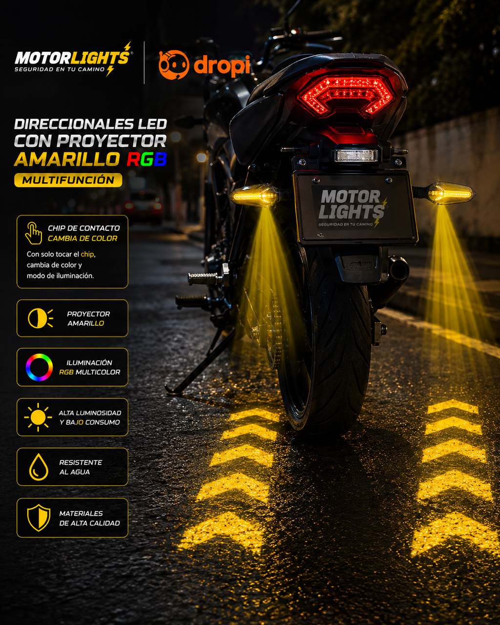 🏍️ Direccionales LED con Proyector Amarillo RGB Multifunción