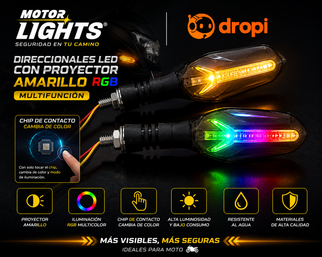 🏍️ Direccionales LED con Proyector Amarillo RGB Multifunción